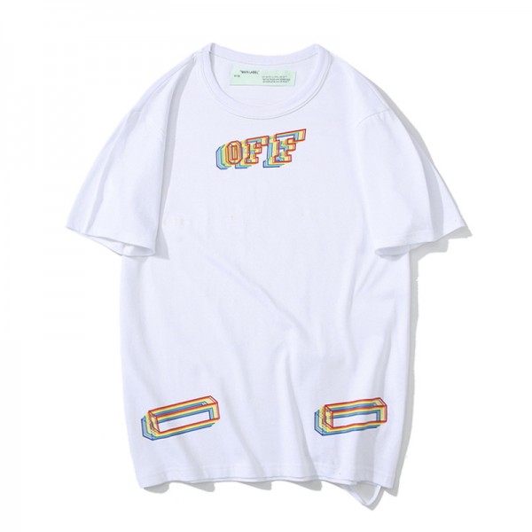 OFF WHITE|カラースケッチアロープリントラウンドネックカジュアルコットン半袖Tシャツ